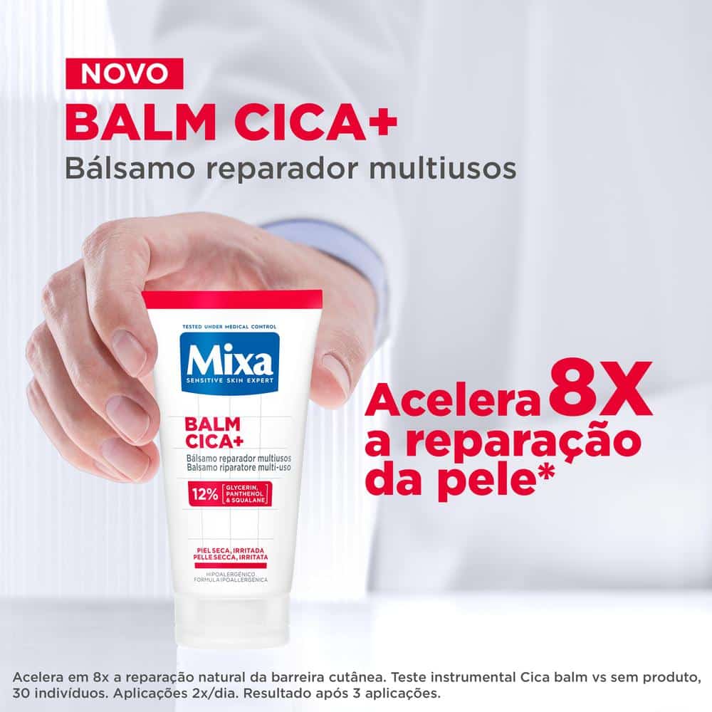 Mixa Bálsamo reparador multiusos para pele seca e fragilizada.